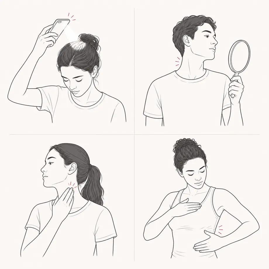 네 칸으로 나뉜 라인 일러스트. 휴대폰 불빛으로 두피 비추기, 손거울로 목 보기, 목 옆쪽 만지기, 가슴·옆구리 확인하기를 보여준다.